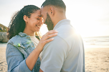 Image showing Hug, beach and couple with love, marriage and quality time with happiness, summer holiday and romantic. Romance, happy man and woman embrace, seaside vacation and travel with relationship and sunset