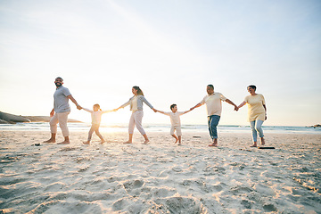 Image showing Family, walking and beach with holding hands for love in outdoor on vacation with sunshine. Care, generations and children or parents at ocean for travel in summer with bond, freedom in mockup space.