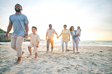 Image showing Family, generations and holding hands on the beach, travel and tropical vacation with solidarity and support. People outdoor, grandparents and parents with young kids, adventure and smile in nature