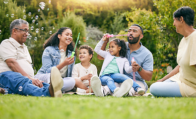 Image showing Nature picnic, bubbles and happy family relax, smile or kids enjoy toys, outdoor time together and garden fun. Natural spring freedom, park games or bonding grandparents, parents and children playing