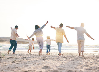 Image showing Airplane, big family and playing at the beach with freedom, fun and bonding with nature rear view. Back, love and children flying with parents and grandparents at the sea for games, holiday or trip