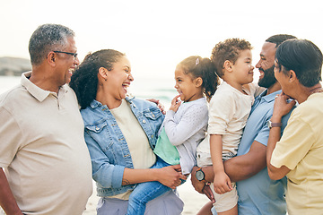 Image showing Happy, big family and beach vacation in nature bonding, laugh and relax outdoor together. Smile, love and children with parents and grandparents at the sea for having fun, trip or holiday in Cancun