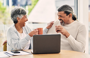 Image showing Old couple, laptop and laughing with retirement and coffee, manage finance paperwork and funny together at home. People do taxes online, pension policy documents and budget, woman and man with comedy