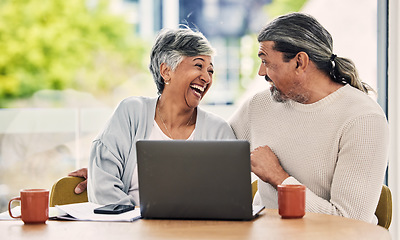 Image showing Senior couple, laptop and laughing with retirement paperwork, manage finance and funny together at home. People do taxes online, pension policy documents and budget, happy woman and man with comedy