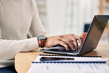 Image showing Taxes, documents and person hands on laptop for financial application, audit and online management. Computer, typing and accountant, entrepreneur and business paperwork for work from home planning