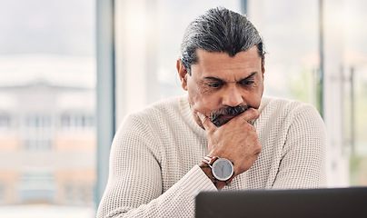Image showing Thinking, laptop and man for work from home, retirement plan and asset management or financial decision. Finance, debt review and senior person with ideas, solution or stress for pension on computer