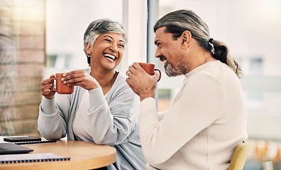 Image showing Coffee, laughing or senior couple in cafe to relax together bonding, speaking or talking in conversation. Smile, retirement or happy mature man or funny elderly woman drinking tea or espresso on date