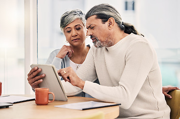 Image showing Tablet, finance and senior couple planning, pension documents and retirement funding or loan at home. Search, life insurance and debt or asset management of elderly woman and man with digital tech