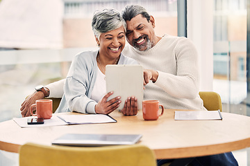 Image showing Happy, cafe or mature couple on social media for meme, news or comedy videos on tablet in retirement. Senior, woman or elderly man bonding or laughing at a funny video in restaurant or coffee shop