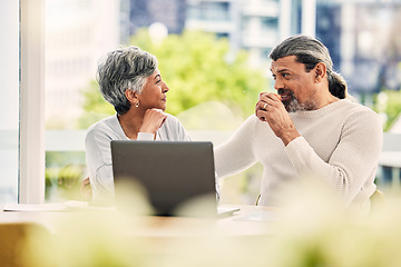 Image showing Home, talking and senior couple with laptop, smile and internet connection with quality time, happy and network. Conversation, old man and mature woman with a pc, website information and discussion