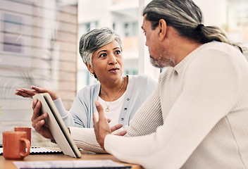 Image showing Senior, couple digital tablet with tax forms at a cafe for finance, budget and planning. Retirement, savings and old people online at coffee shop with investment, growth or mortgage loan discussion