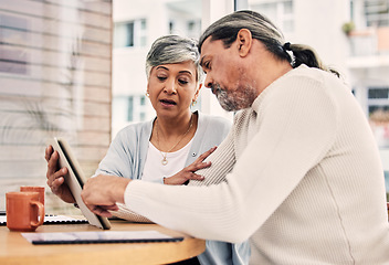 Image showing Planning, senior couple and tax or debt on digital tablet for finance, form or budget. Retirement, savings and old people online at coffee shop with investment, growth or mortgage loan discussion