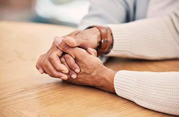 Image showing Senior, love and couple holding hands in support or help of health crisis, cancer or mental health problem. Old people, empathy and solidarity in depression, anxiety or trust, hope or sorry comfort