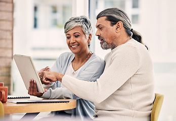 Image showing Happy, tablet or mature couple on social media reading news or information on tablet in retirement. Web, senior woman or elderly man bonding, typing or talking together in restaurant or coffee shop