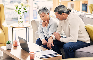 Image showing Computer, thinking and senior couple planning, finance documents and retirement funding or loan at home. Sofa, life insurance and asset management of elderly woman, man and debt stress on laptop