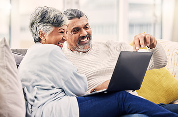 Image showing Senior, laptop or happy couple streaming comedy videos on tablet in retirement at home together. Love, old woman or elderly man bonding, watching or laughing at a funny movie or film in living room
