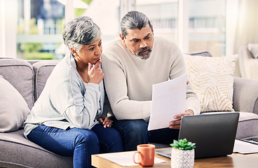 Image showing Old couple, laptop and retirement paperwork, life insurance with finance investment and together at home. People do taxes online, pension policy documents and budget, serious woman and man with bills