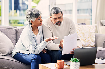 Image showing Old couple, laptop and discussion about retirement paperwork, life insurance and finance investment at home. People do taxes online, pension policy documents and budget, woman and man with bills