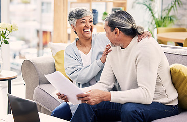Image showing Financial, senior or happy couple laughing with documents in home for retirement savings or pension planning. Profit growth, investment growth or mature man with funny woman for house budget together
