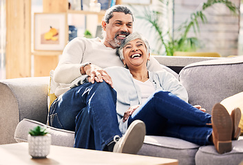 Image showing Laughing, happy or old couple on couch to relax, enjoy romance or joke together at home in retirement. Living room, senior woman or funny elderly man bonding with love, support or smile on sofa