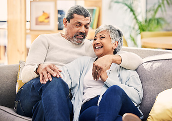 Image showing Home, talking and senior couple on a couch, love or relax with happiness, marriage or romance. Romantic, elderly woman or mature man on a sofa, relationship or smile with conversation or quality time