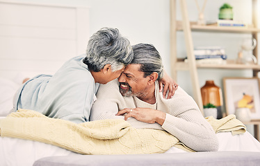 Image showing Love forehead or old couple in bedroom to relax, enjoy romance or morning time together at home. Compassion, senior woman or happy elderly man hugging or bonding with support or smile in retirement