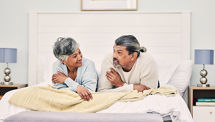 Image showing Talking, morning or old couple in bedroom to relax, enjoy holiday or vacation together at home. Conversation, senior woman or elderly man speaking or bonding with love, trust or support in retirement
