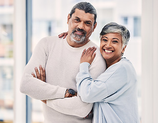 Image showing Portrait, smile and senior couple with arms crossed in house to relax in retirement home together. Face, happy and elderly man and woman with confidence, love and care, trust and support for loyalty