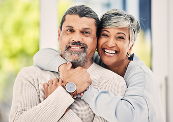 Image showing Senior couple, hug with love and portrait, comfort and happiness, bonding at home. Retirement, relax and face of man with woman, marriage and life partner at house, trust and care with relationship