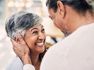 Image showing Laughing, happy or old couple in living room with love, care or joy bonding together on holiday at home. Eye contact, elderly man or senior woman in celebration for anniversary romance in retirement