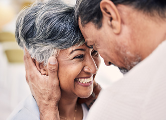 Image showing Laughing, forehead or happy old couple in living room with love, care or joy bonding together on holiday. Eye contact, elderly man or senior woman in celebration for romance in retirement at home