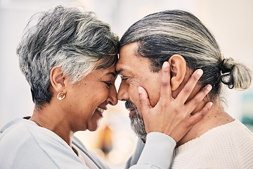 Image showing Love, forehead or happy old couple in home with support, care or joy bonding together on holiday. Compassion, elderly man or senior woman with romance or solidarity in retirement in house living room