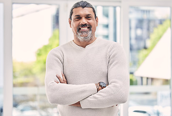 Image showing Portrait, smile and senior man with arms crossed in house for positive mindset, relax in retirement home and joy. Face, happy and elderly male person from India with confidence in casual clothes.