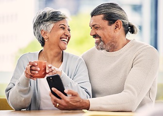 Image showing Senior couple, smartphone and coffee for laugh, comic meme or funny video on web, blog or internet in morning. Mature man, woman and cellphone for social network app, online comedy or bonding in home