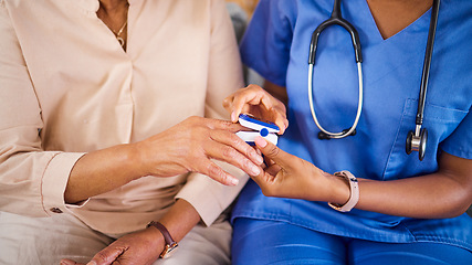 Image showing Oximeter, hands and senior people with nurse for clinic, hospital or healthcare service and support. Blood oxygen test, pulse monitor and elderly patient finger with medical person or doctor helping