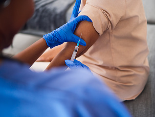 Image showing Hands, nurse and needle for arm vaccine, medical and healthcare treatment for virus safety, flu and home wellness. Patient, doctor and person with injection syringe for medicine, covid and vitamin