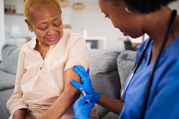 Image showing Healthcare, black woman and doctor for a home vaccine, virus safety and security from covid. Smile, medicine and and African nurse with a senior patient and giving a vaccination during a consultation