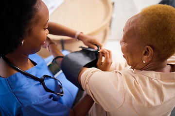 Image showing Senior woman, nurse and check blood pressure, caregiver and wellness, health and medicine at nursing home. Female people, homecare and cardiovascular healthcare, help and support with rehabilitation