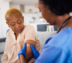 Image showing Senior person, doctor and plaster for arm vaccine, medical and healthcare treatment for virus safety, flu and wellness. Black woman, elderly patient and nurse with injection bandage in nursing home