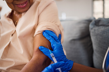 Image showing Hands, nurse and syringe for arm vaccine, medical and healthcare treatment for virus safety, flu and home wellness. Patient, doctor and woman with injection needle for medicine, covid and vitamin