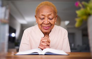 Image showing Home, prayer and old woman reading a bible, calm and peace with happiness, holy worship and support. Scripture, elderly female person and senior lady with faith, spiritual and hope in Christianity