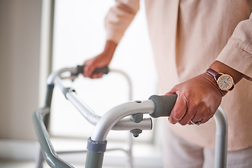 Image showing Hands, walker and person with disability, health and help with physical therapy and recovery. Arthritis, osteoporosis and fibromyalgia with support, physiotherapy and healthcare with rehabilitation