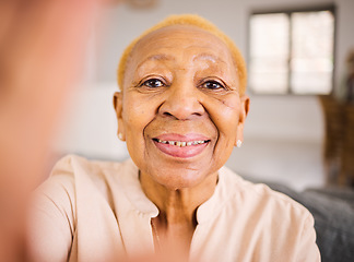 Image showing Senior woman, portrait and face for selfie, photograph or social media at old age home. Happy elderly female person smile for photo, memory or social media in retirement on living room sofa in house