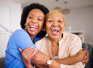 Image showing Black people, nurse and patient hug in elderly care for love, support and trust together on sofa at home. Portrait of happy African medical caregiver enjoying time with senior female person in house