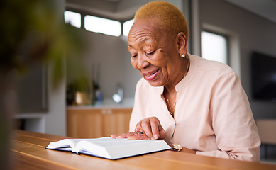 Image showing Home, spiritual and old woman reading a bible, faith and peace with religion, holy worship and calm. Scripture, elderly female person and senior lady with hope in Christianity, support and happiness