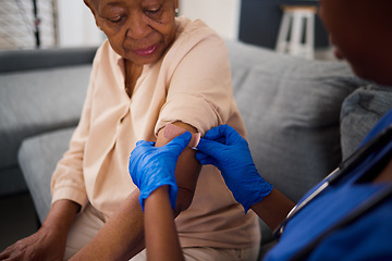 Image showing Senior woman, doctor and plaster for arm vaccine, medical and healthcare treatment for virus safety, flu and wellness. Patient, elderly person or nurse hands with injection bandage in retirement home