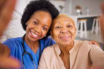 Image showing Black people, nurse and hug in elderly care for selfie, love or support and trust together at home. Portrait of happy African medical caregiver with senior female person smile for photo in the house