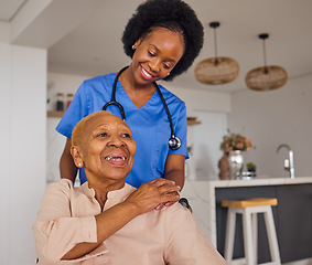 Image showing Black people, nurse and senior patient in elderly care, wheelchair and healthcare at home. Happy African female medical professional or caregiver helping old age person with a disability in the house