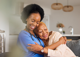 Image showing Black people, hug and nurse in elderly care for support, trust or healthcare in old age home. Happy African female person, caregiver or medical professional with senior patient in retirement on sofa