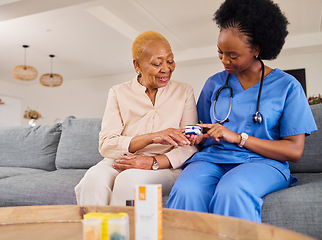 Image showing Senior woman, doctor and oximeter test in nursing home, healthcare service and medical support on sofa. Blood oxygen or pulse measure of elderly patient in retirement and african nurse helping